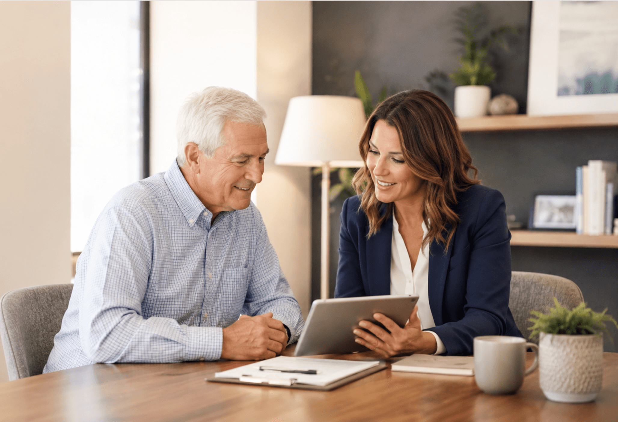 A licensed Medicare agent reviewing plan options with a client at home
