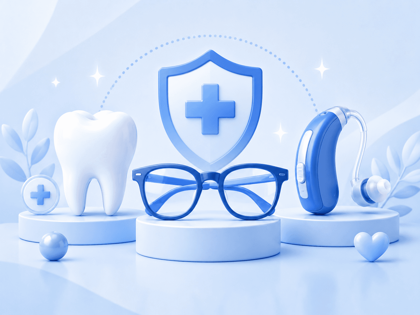 A tooth, glasses, and a hearing aid displayed together, representing dental, vision, and hearing coverage