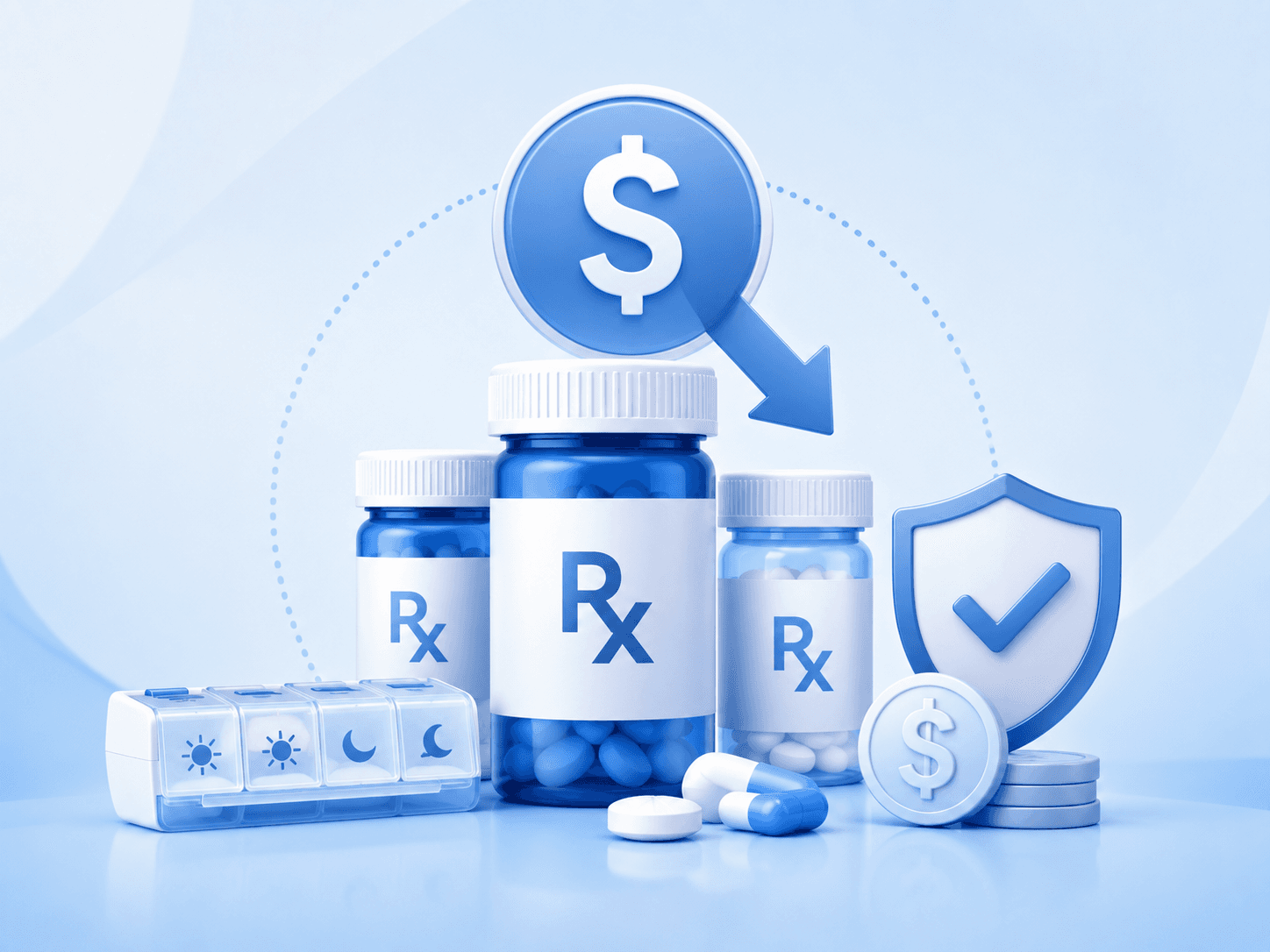 Prescription bottles, a pill organizer, and savings icons representing Part D drug coverage
