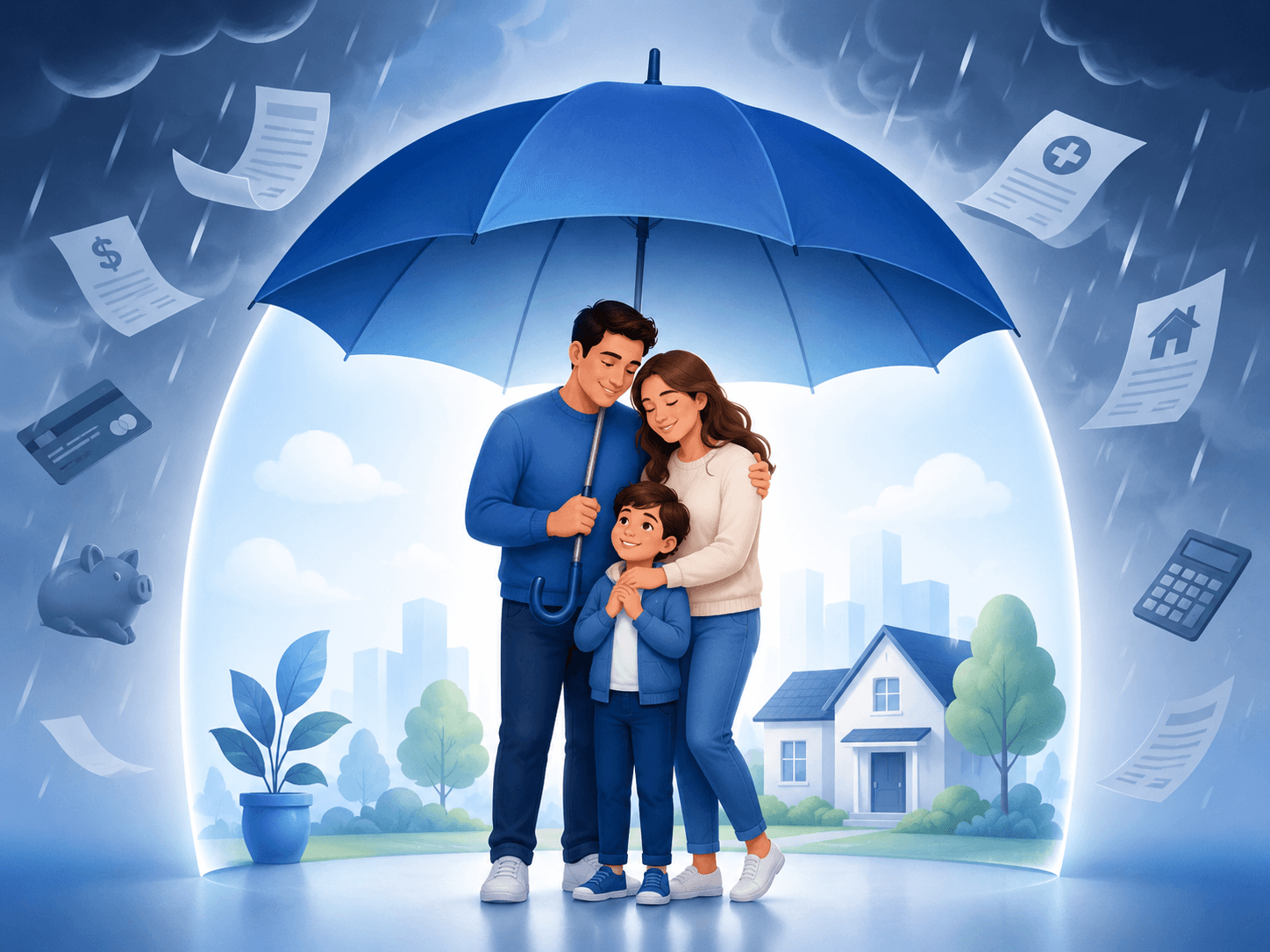 A family sheltered under an umbrella, protected from unexpected medical bills and costs