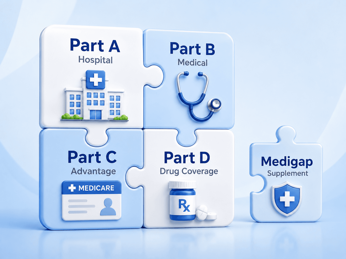 Diagram showing Medicare Parts A, B, C, D and Medigap as connected puzzle pieces